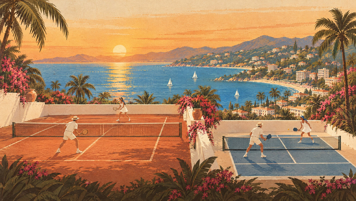 Illustration of a tennis club and a pickleball court above the bay in golden-age Acapulco