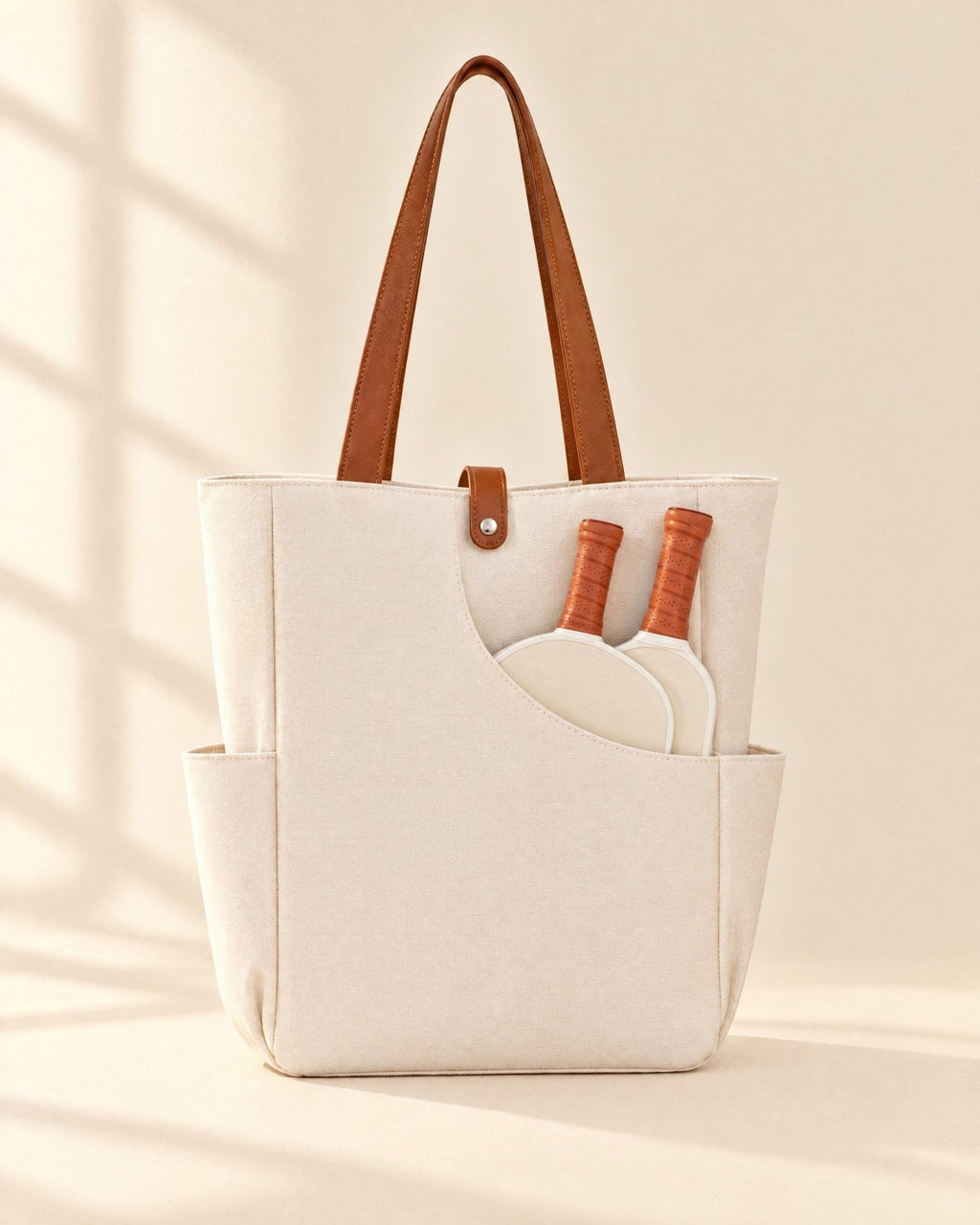 The white Caleta Tote with two pickleball paddles in the curved front pocket