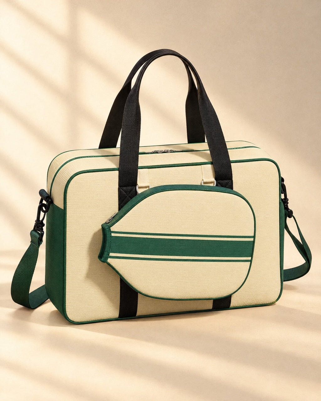 The Condesa Tote in cream with green trim and its paddle-shaped cover