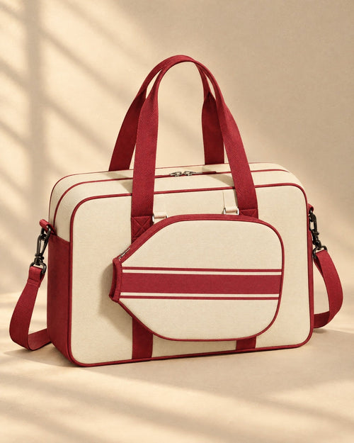 The Condesa Tote in cream with red trim and its paddle-shaped cover