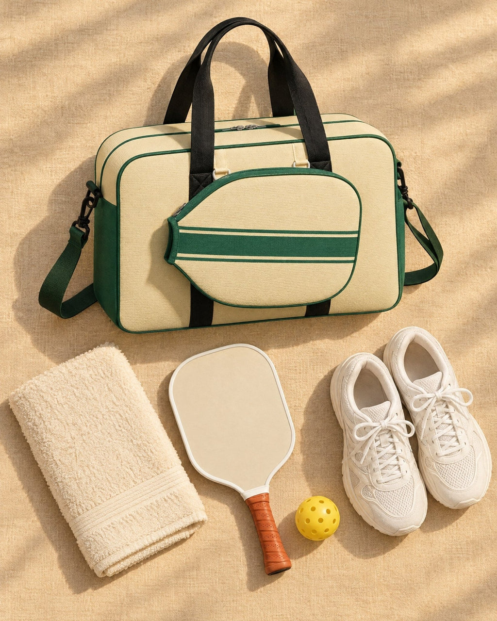 The Condesa Tote with one pickleball paddle, a towel, balls and trainers laid beside it