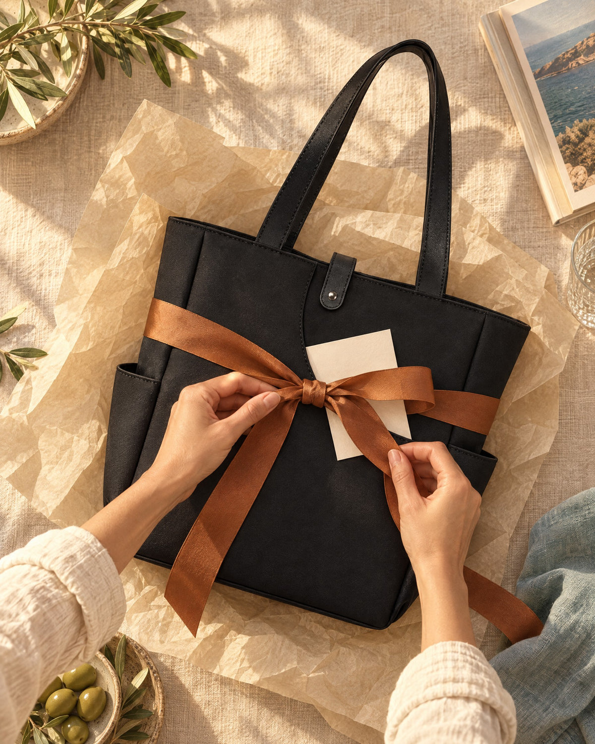 A black Caleta Tote tied with a cognac ribbon and a blank card on sand-coloured linen