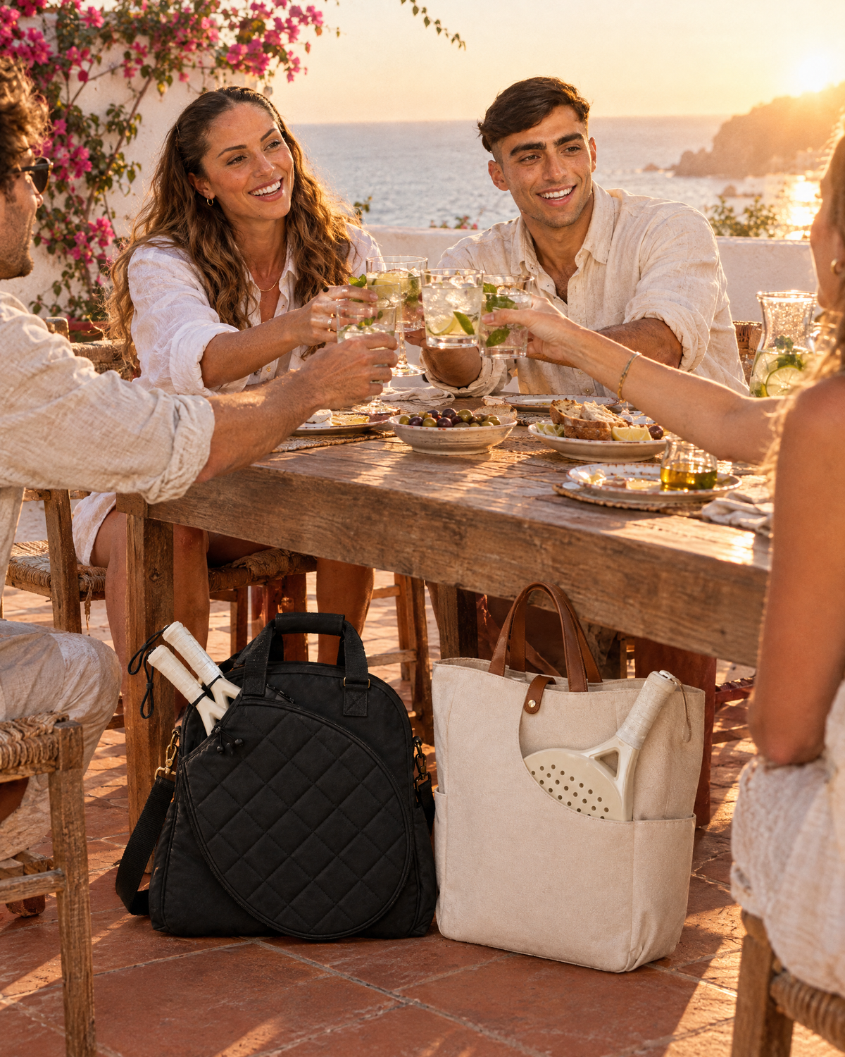Friends raising glasses at a sunny terrace table after padel, their bags resting at the table's feet