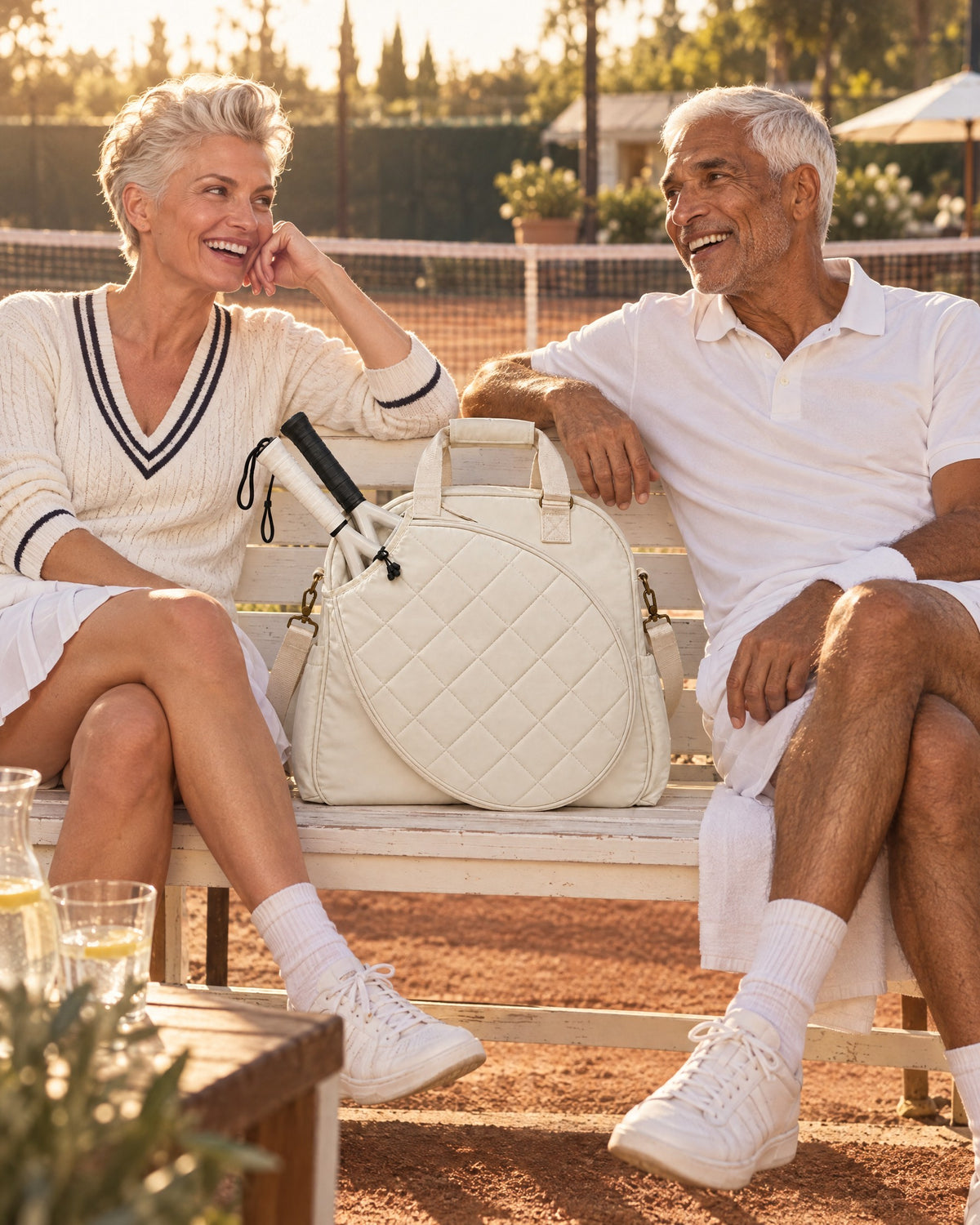 Two friends on a club bench beside a tennis court, a quilted racket bag between them