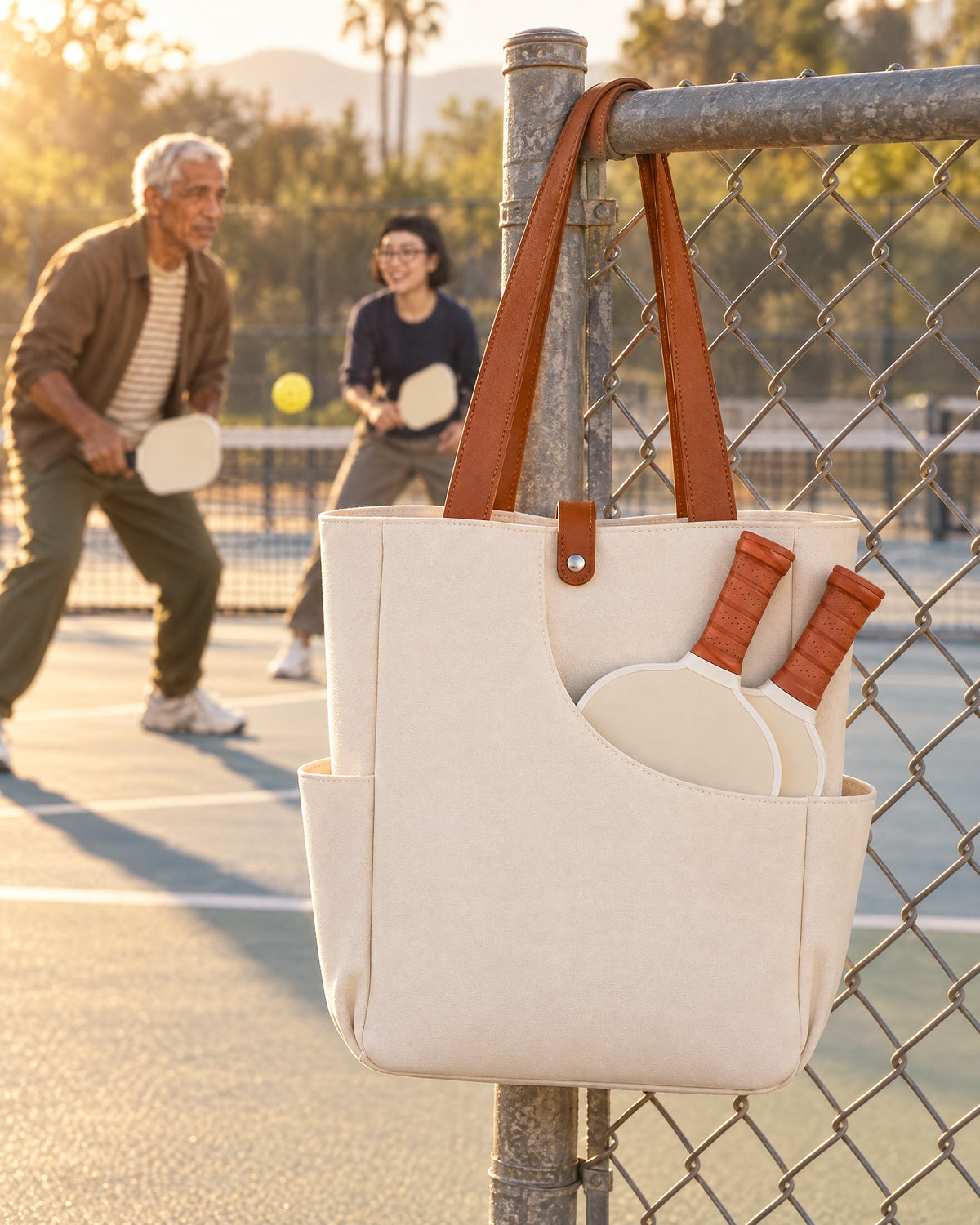 The Caleta Tote hanging on a fence by a pickleball court, two paddles in the front pocket