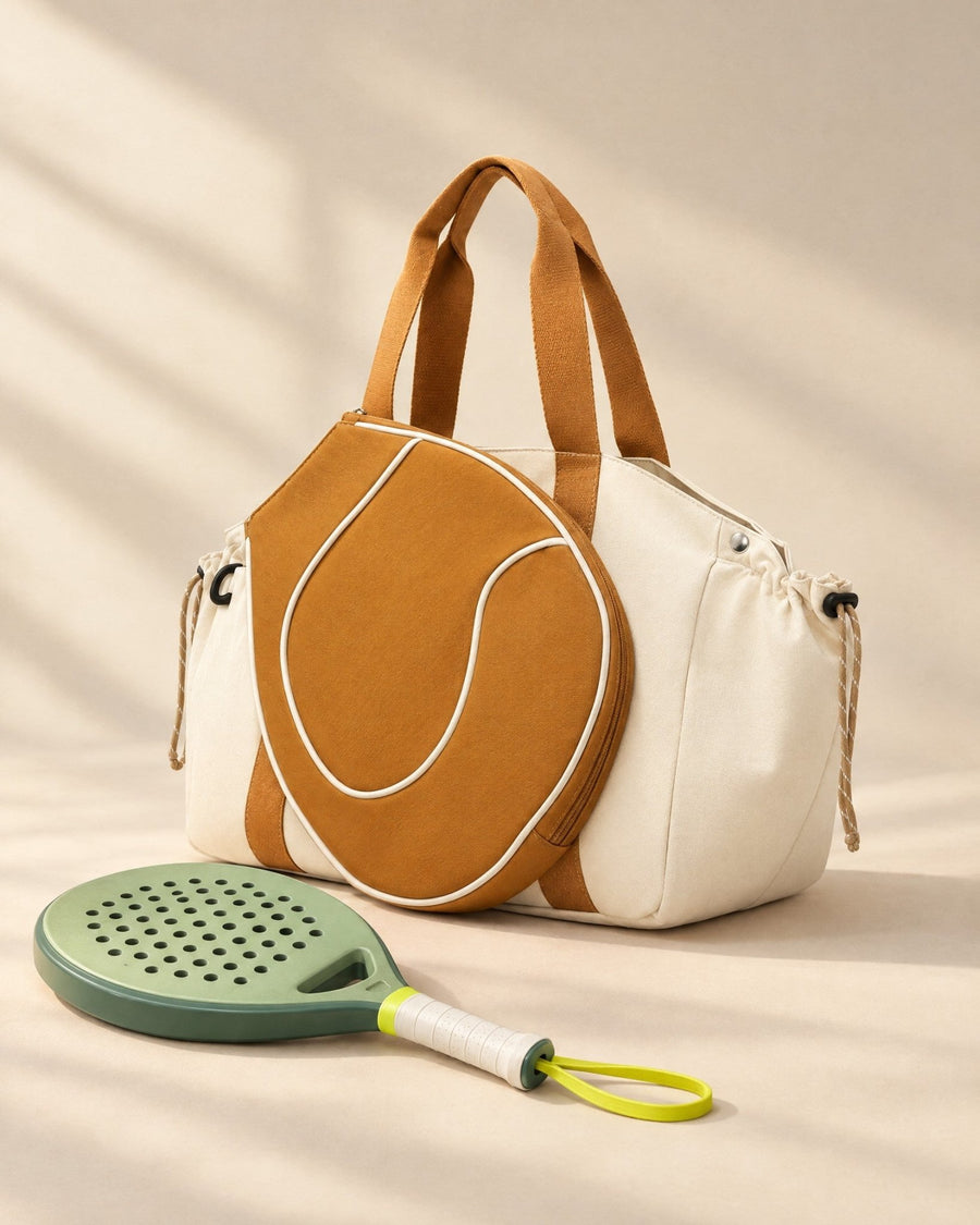 The Hornos Tote in cream with tan trim and a racket-head-shaped front pocket