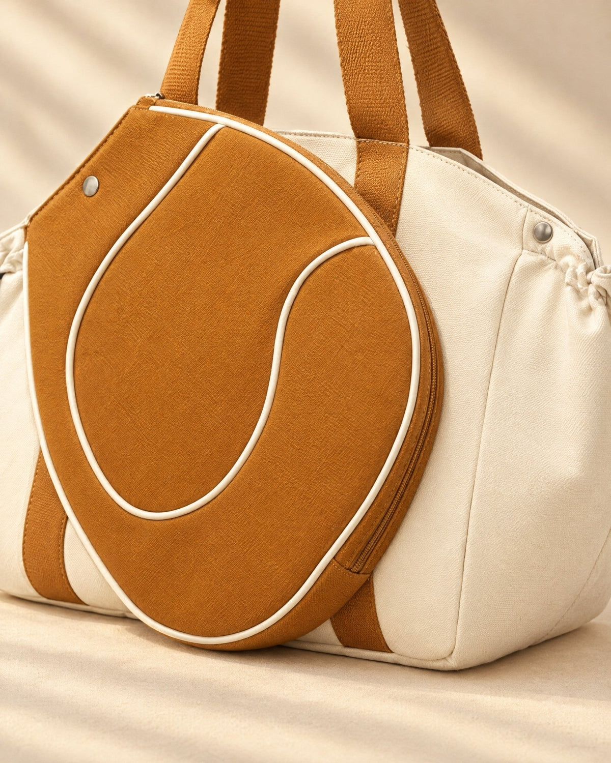 Close-up of the Hornos Tote's tan racket-head front pocket with white piping and snap