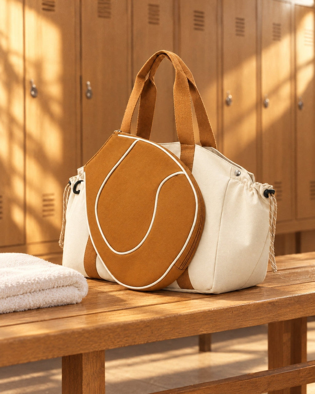 The Hornos Tote on a changing-room bench beside a folded white towel