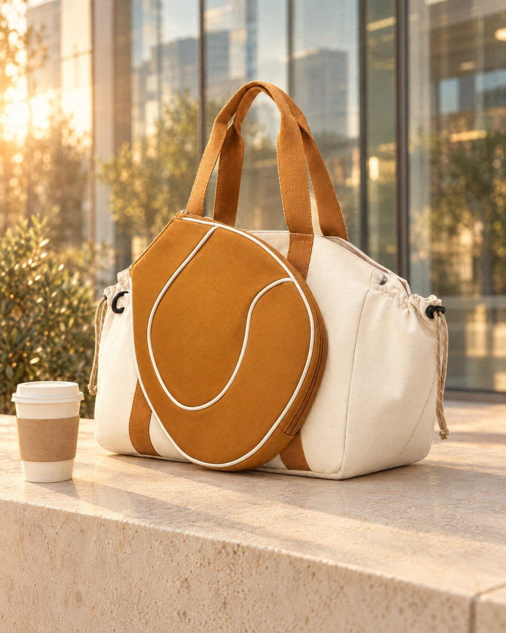 The Hornos Tote on a stone ledge beside a takeaway coffee in front of a glass building