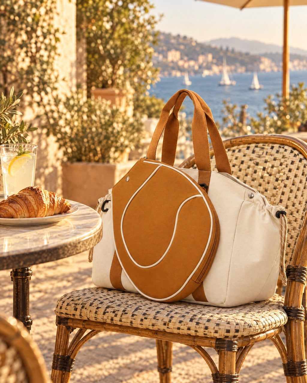 The Hornos Tote on a cafe chair beside a table with a lemonade and a croissant