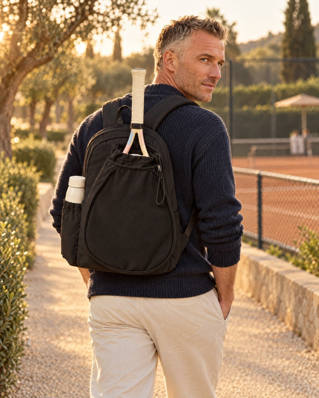 A man walking to the tennis courts with the black Icacos Backpack and a racket handle showing from the front pouch