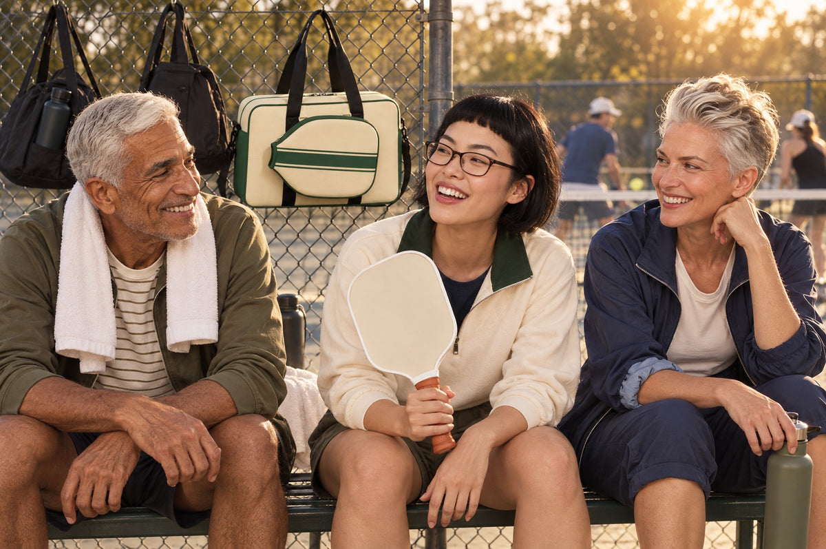 Friends at open play by a pickleball court fence in early light, the green-trimmed Condesa Tote hanging on the fence