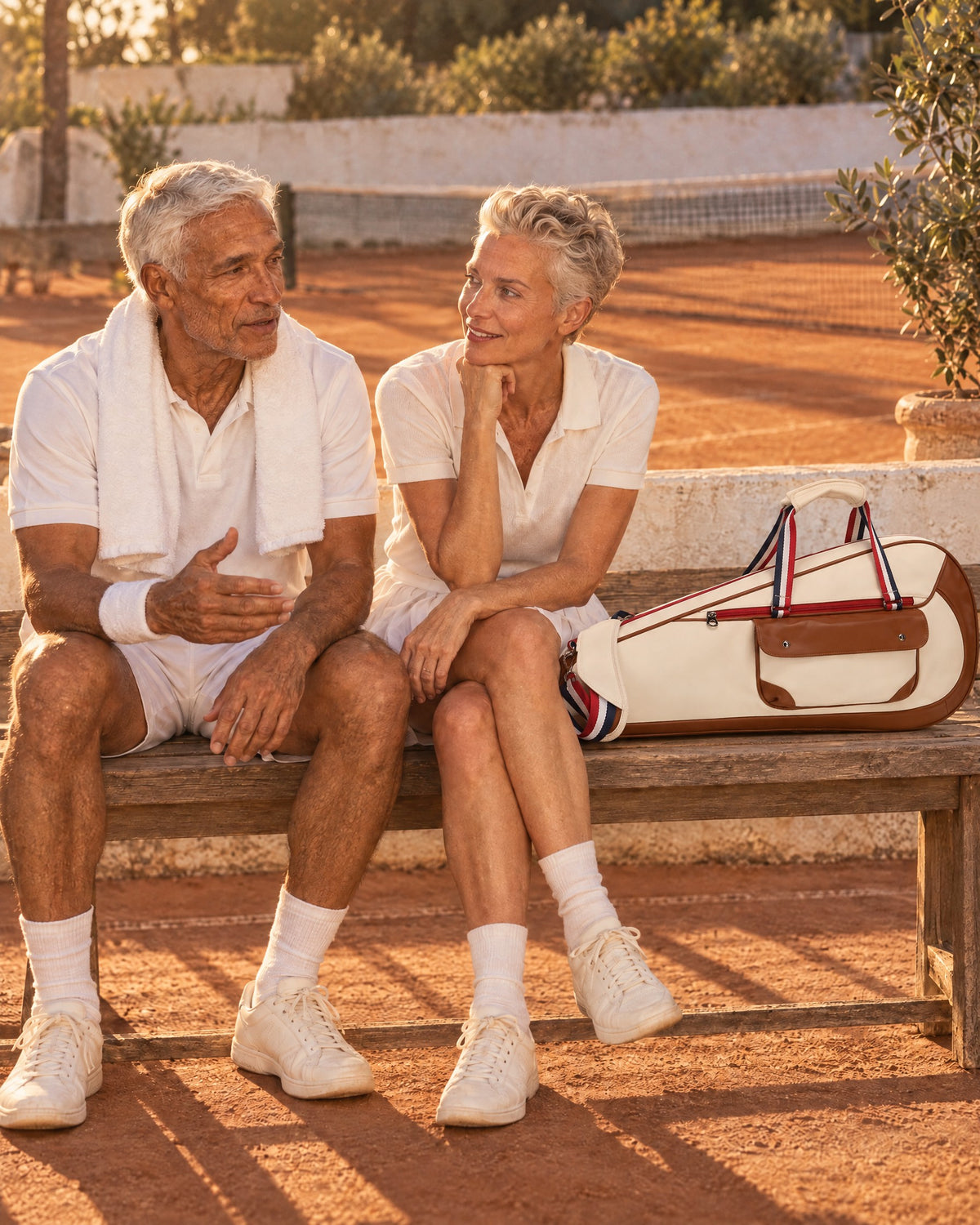 Two club players on a bench beside a clay court, a slim cream and tan racket bag with striped handles next to them