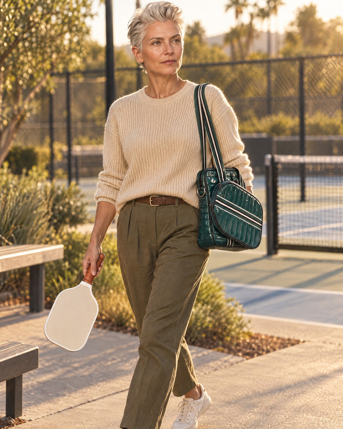A woman walking to the courts with the glossy dark green Roqueta Bag on her shoulder and a pickleball paddle in her hand
