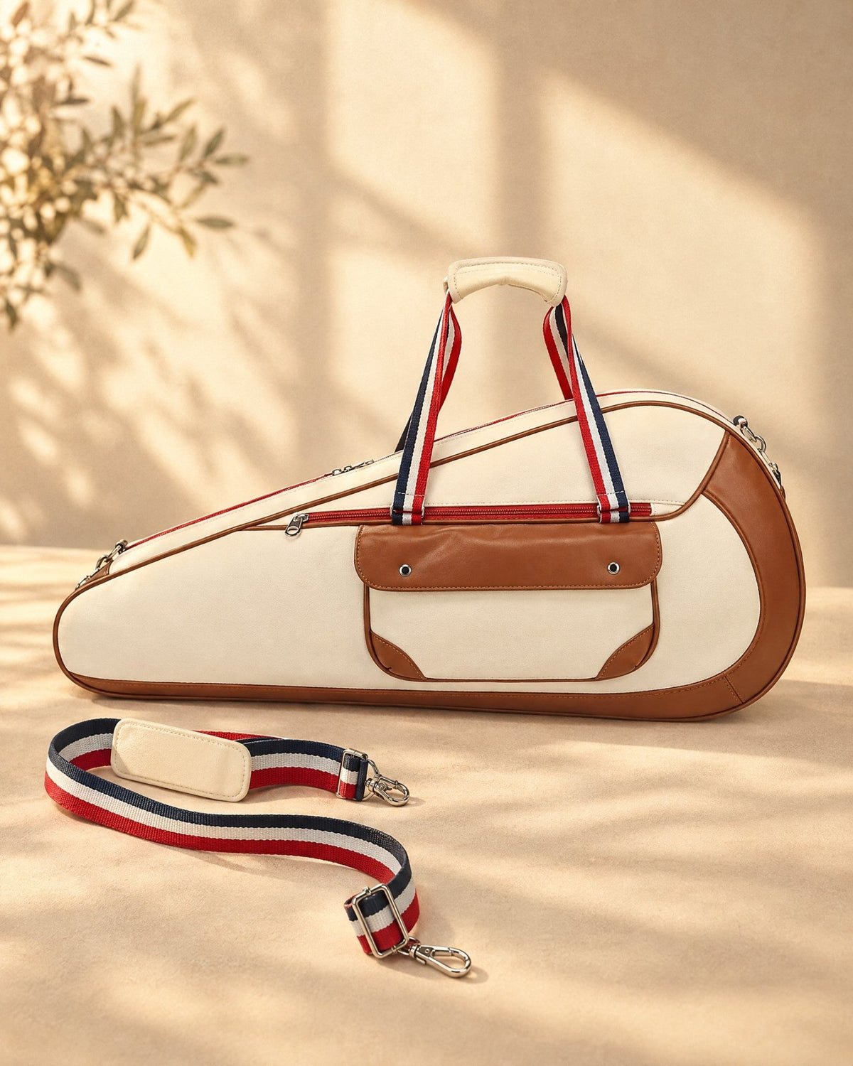 The Quebrada's detachable striped strap laid beside the bag