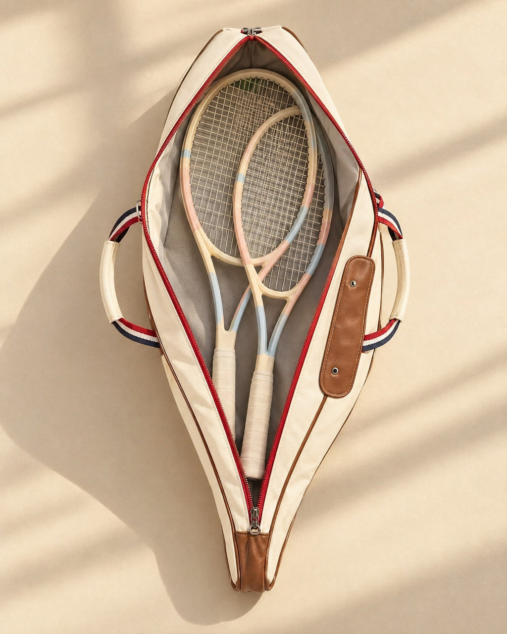 Two tennis rackets in the open Quebrada main compartment