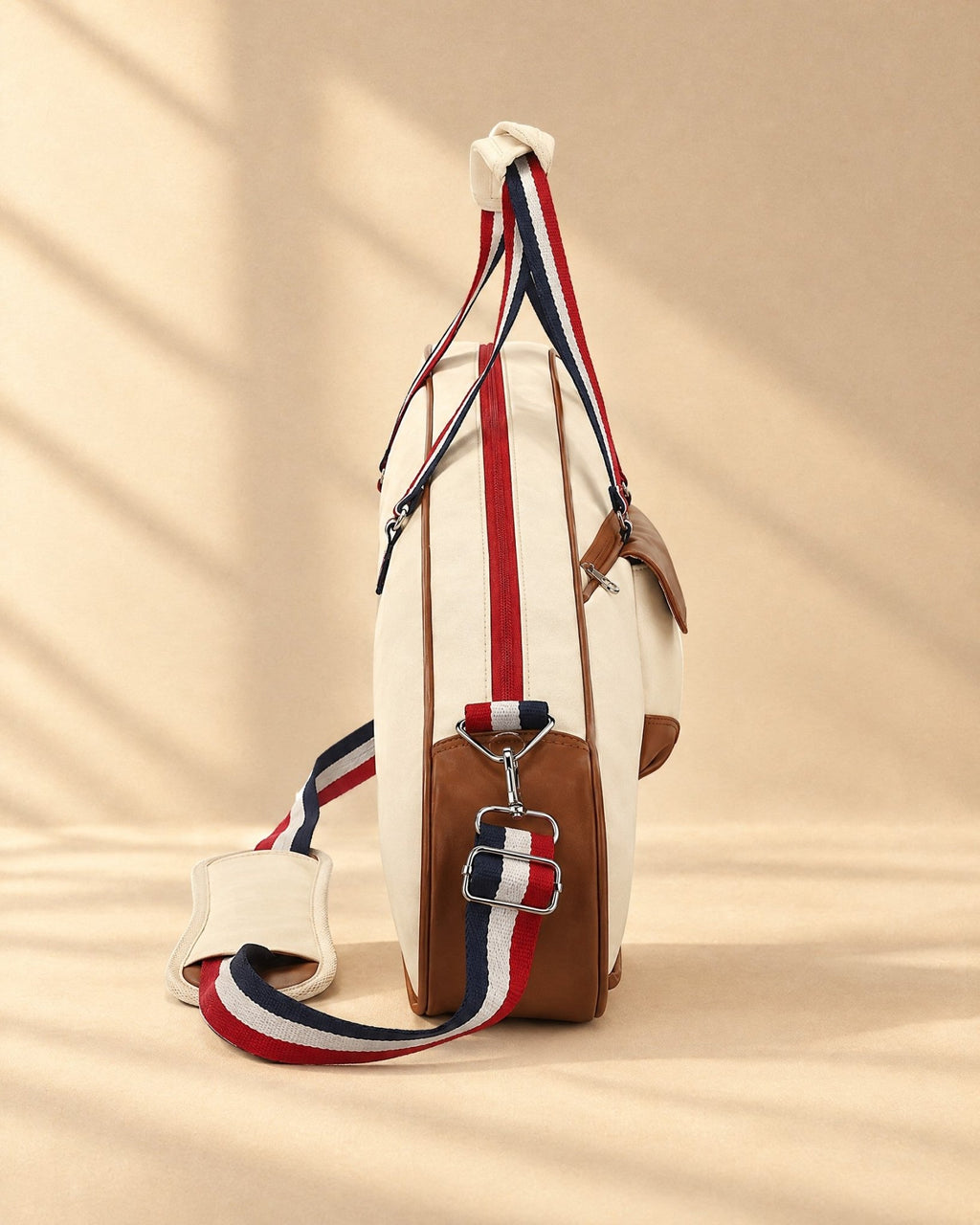 Side view of the slim Quebrada Racket Bag showing its thin profile, striped handles and strap