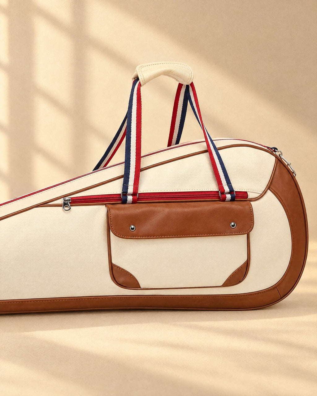 Close-up of the Quebrada's tan flap pocket, striped handles and red piping