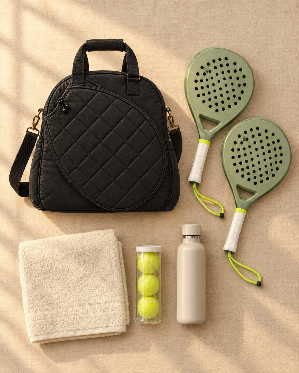 The Las Brisas Racket Bag with two padel rackets, a towel, balls and a bottle laid beside it
