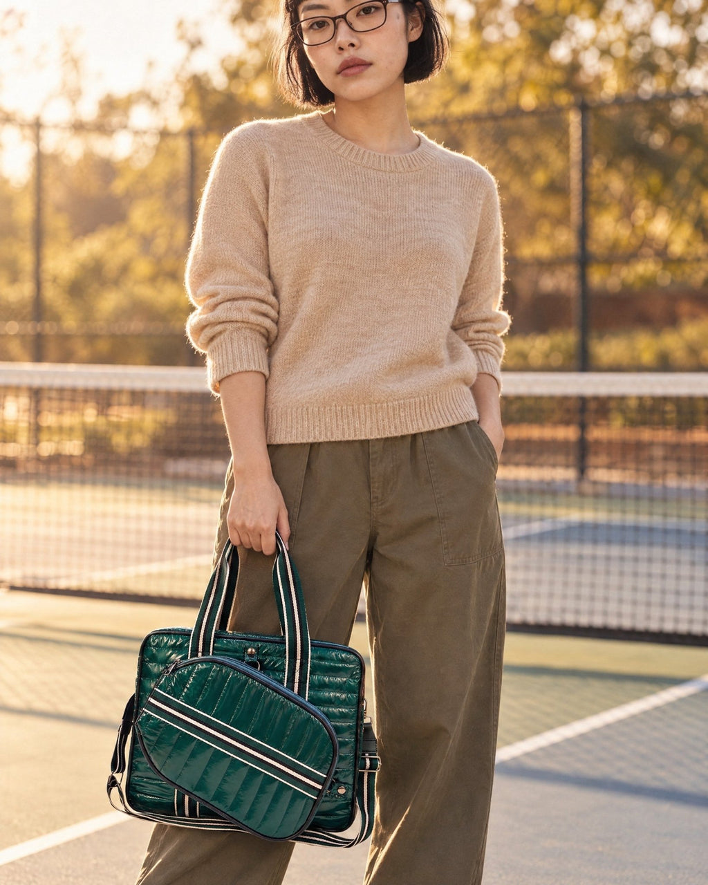 A woman holding the small dark green Roqueta Bag by its striped handles at a pickleball court, showing its size