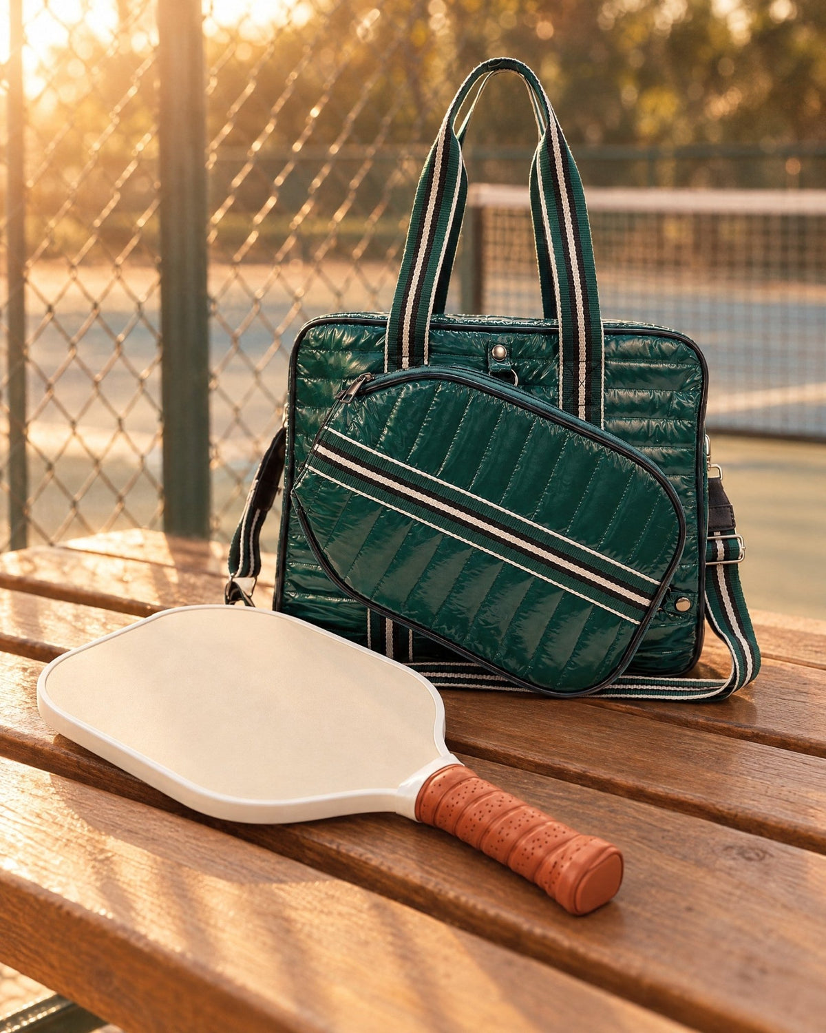 The Roqueta Bag on a bench at a pickleball court with one paddle laid beside it