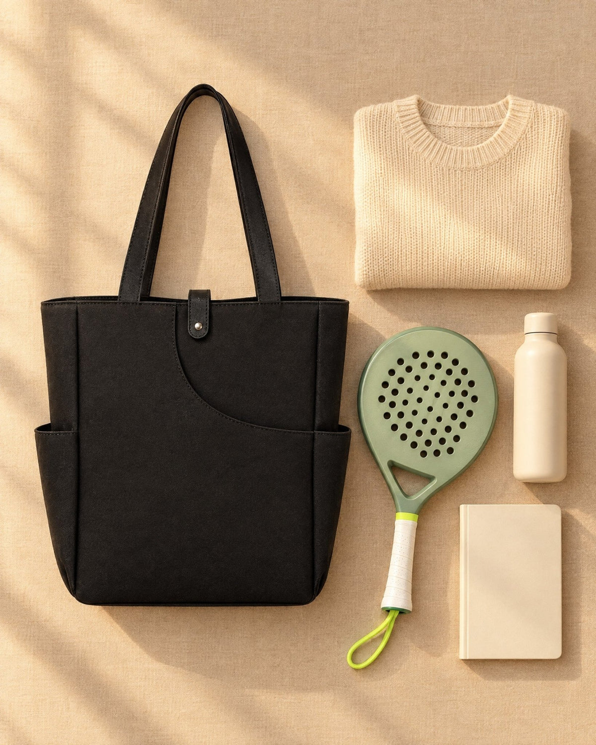 The black Caleta Tote with one padel racket, a jumper and a notebook laid beside it
