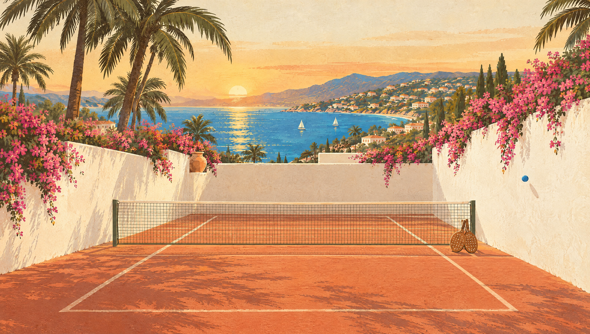 Illustration of the first padel court, closed in by white walls in a hillside garden above the bay in Acapulco, 1969