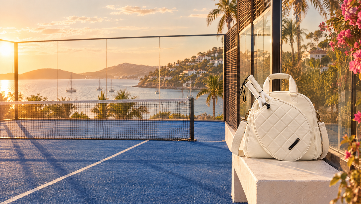 The white Las Brisas Racket Bag on a bench beside a padel court at golden hour, a bay with sailboats behind
