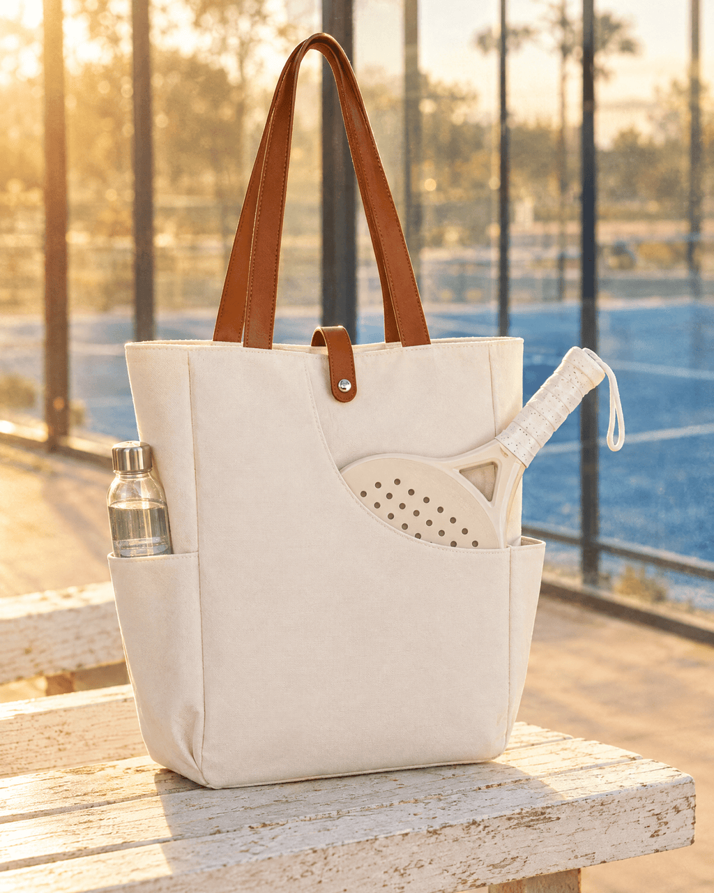 The white Caleta Tote on a bench by a padel court, a padel racket in the front pocket and a water bottle in the side pocket