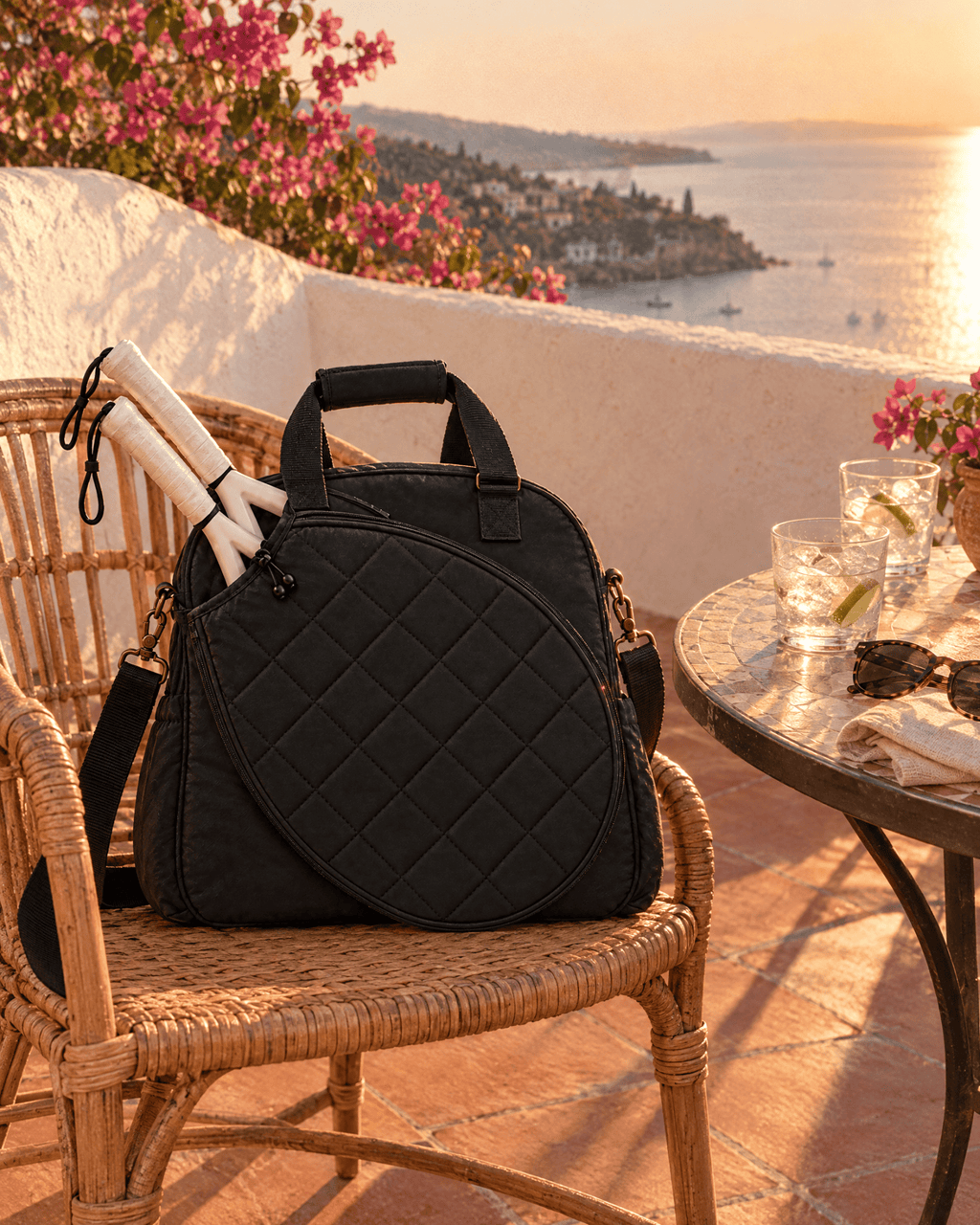 The black Las Brisas Racket Bag on a rattan chair on a sunny terrace above the sea, drinks on the table